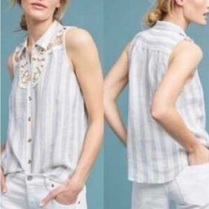 ANTHROPOLOGIE MAEVE LACE FRONT BABY BLUE STRIPED TOP sz small